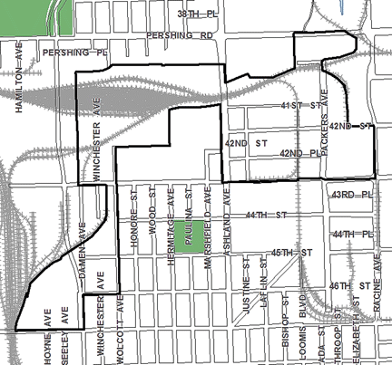Stockyards Industrial/Commercial TIF district, expired in 2012, was roughly bounded on the north by Pershing Road, 47th Street on the south, Racine Avenue on the east, and Hamilton Avenue on the west.